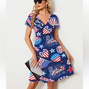 American Flag Dress Patriotic Shirt USA Stars Stripes Dresses Sexy V- Neck new
